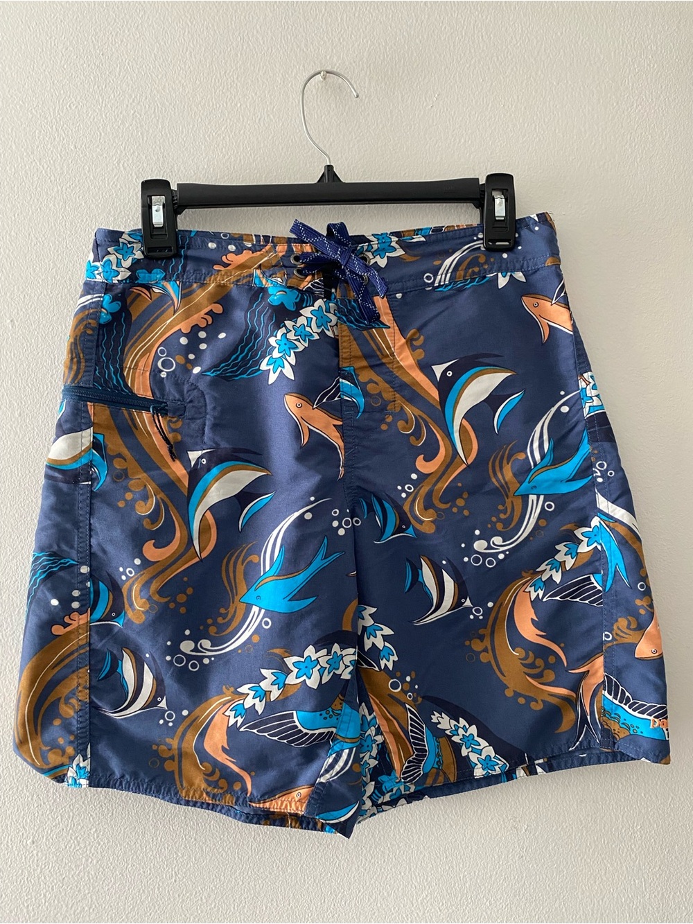 Patagonia Men’s Blue Floral Fish Board Shorts Drawstring Pockets Surf Size 29